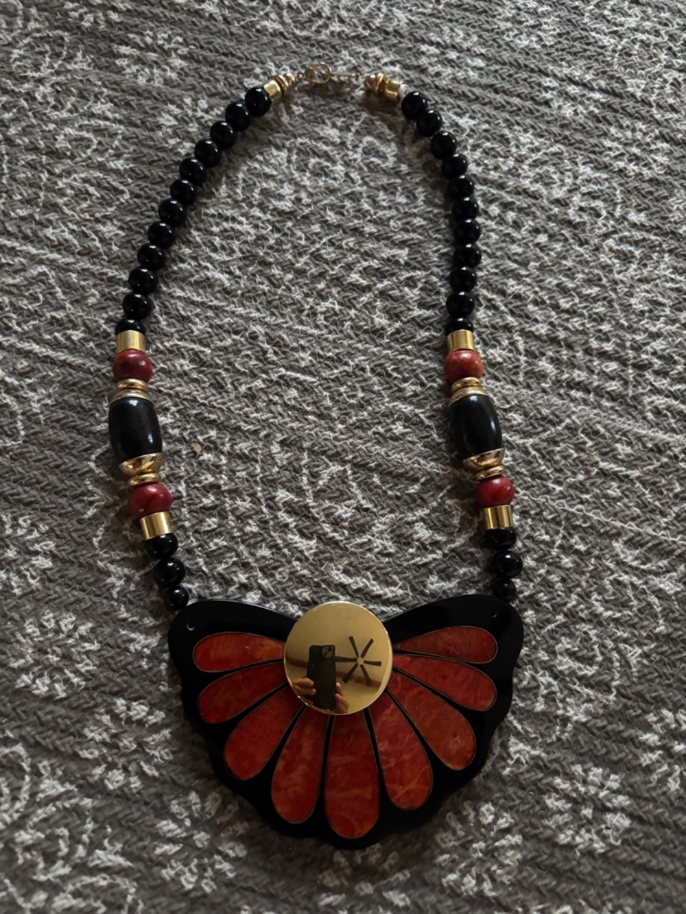 Elegant Black and Red Vintage Statement Necklace - Gold Accent